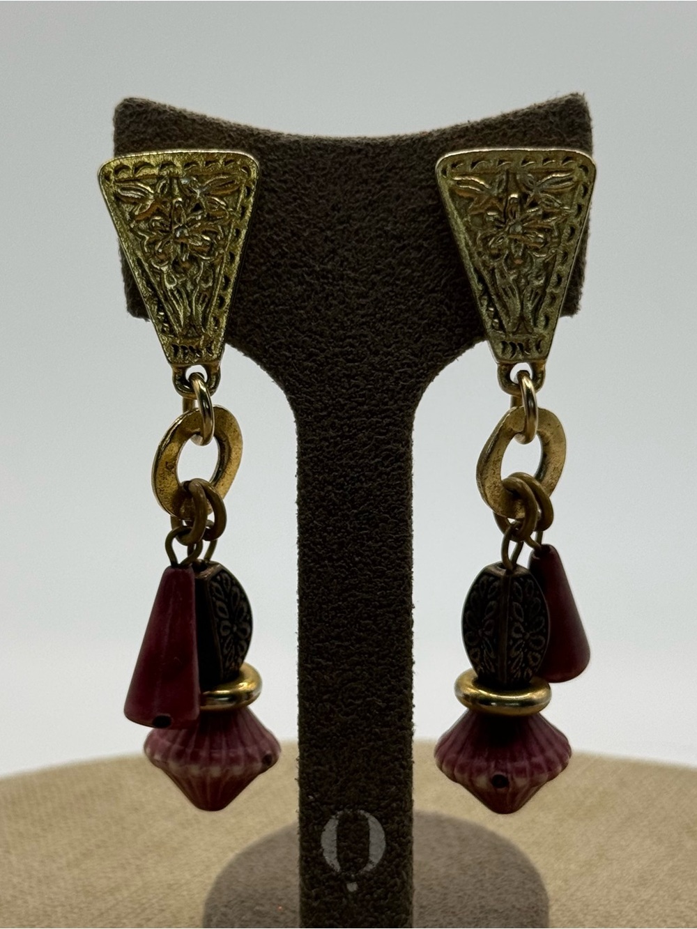 Gold-Tone and Burgundy Dangle Earrings - Women Jewelry